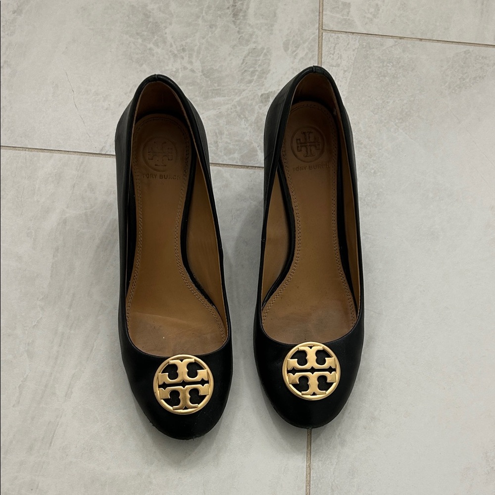 Tory Burch Black Flats with Gold Emblem